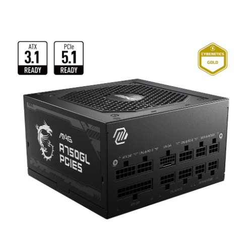 MSI MAG A750GL PCIE5 II  – 750W ATX 3.1, 80+ Gold, full modular, PCIe 5.0 16-pin, 3x PCIe 6+2, 8x SATA, FDB fan, OCP/OVP/OPP/OTP/SCP/UVP, 120mm