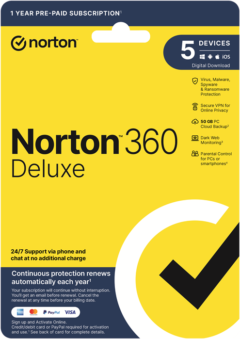 Norton 360 Deluxe 50GB AU 1 User, 5 Devices, 12 Months, Digital Key via Email (Available on Leader Cloud)