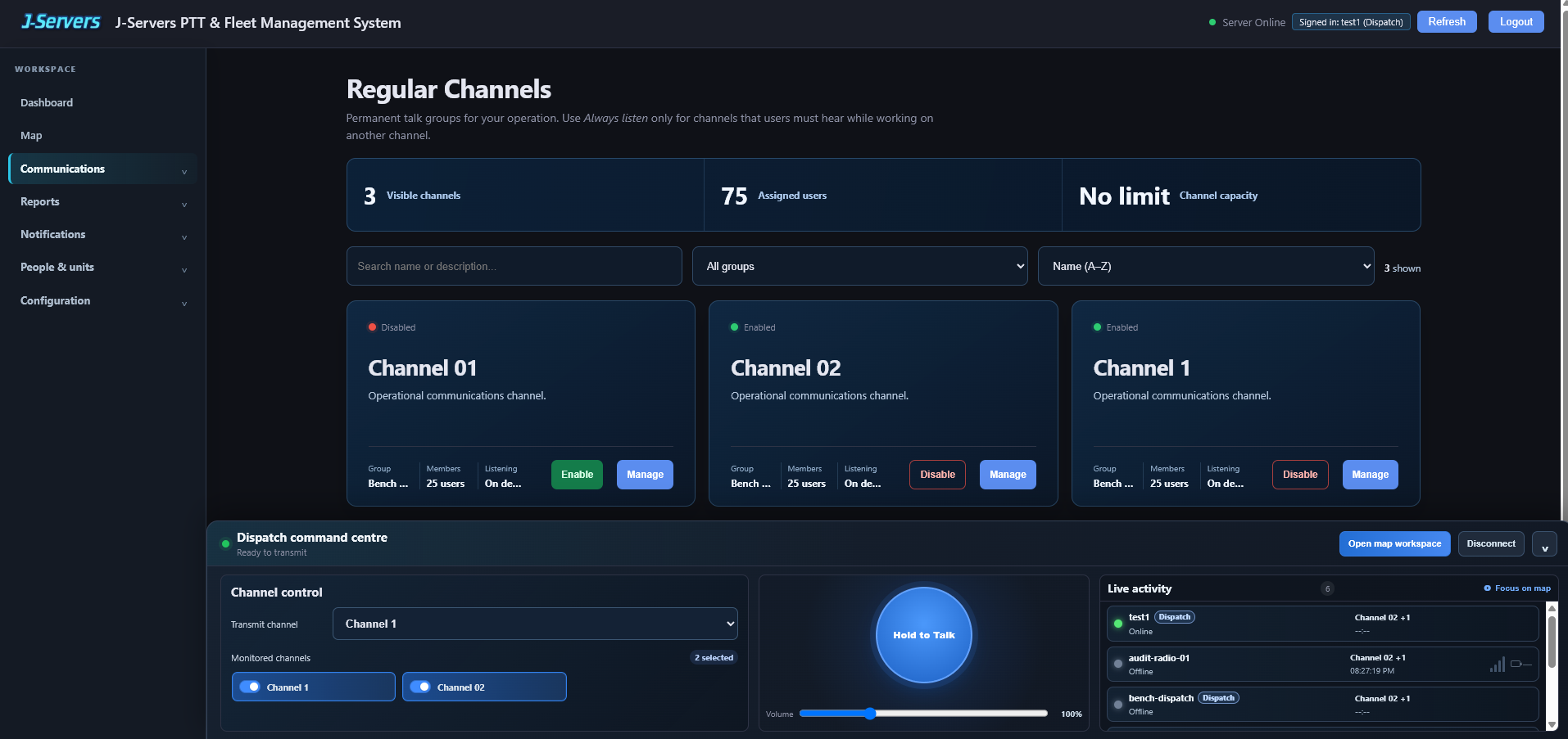 J-Servers web dispatch channels workspace showing channel management, group filtering, monitoring controls and live radio activity