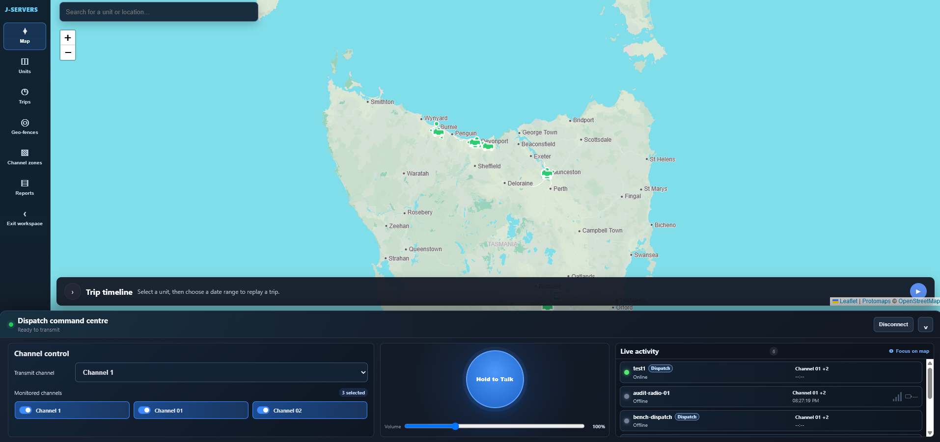 J-Servers web dispatch workspace showing Tasmania fleet map, trip timeline, channel controls and live activity