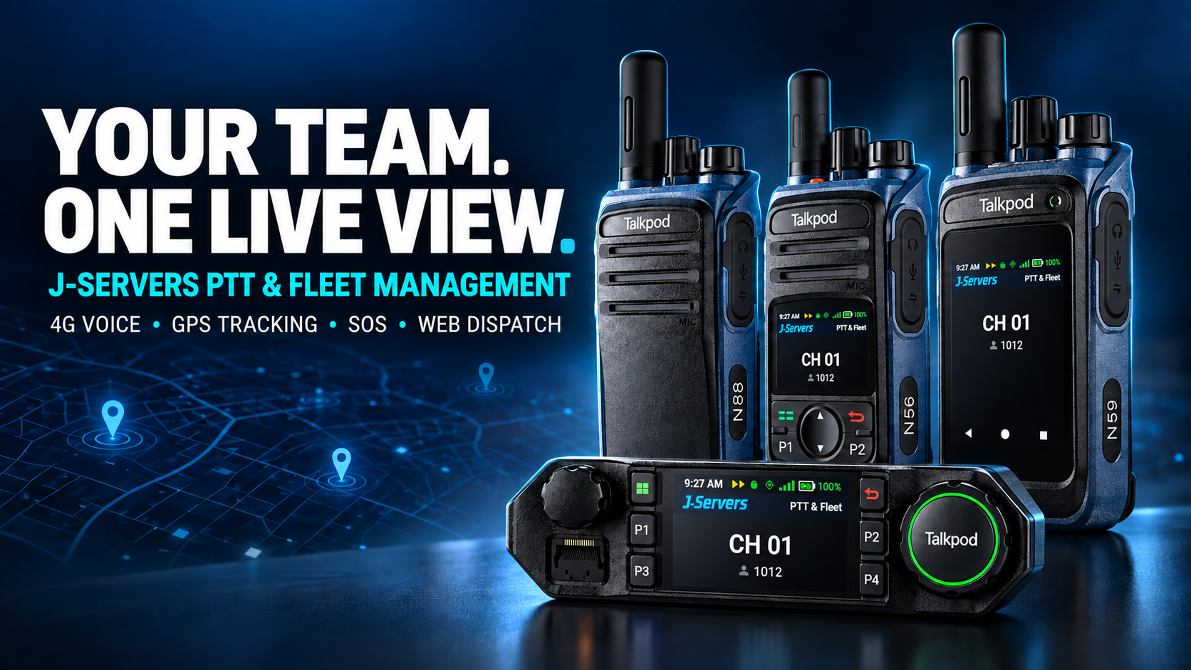 J-Servers PTT and Fleet Management radios displaying the connected app screen