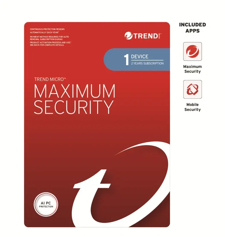 Trend Micro Maximum Security (1 Device) 2Yr Retail Mini Box Auto Renew