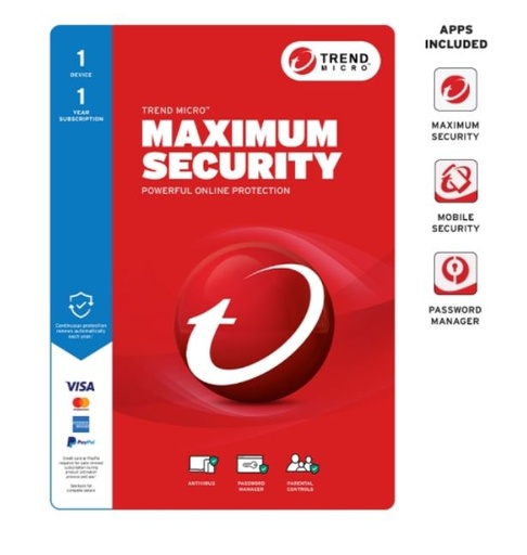 [STRENDMAXSECRET1-1Y] Trend Micro Maximum Security (1 Device) 1Yr Retail Mini Box Auto Renew