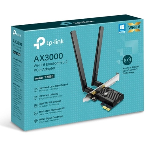 [NWTL-ARCHERTX55E] TP-Link Archer TX55E AX3000 Wi-Fi 6 Bluetooth 5.2 PCIe Adapter, 2402Mbps@5GHz, 574Mbps@2.4GHz